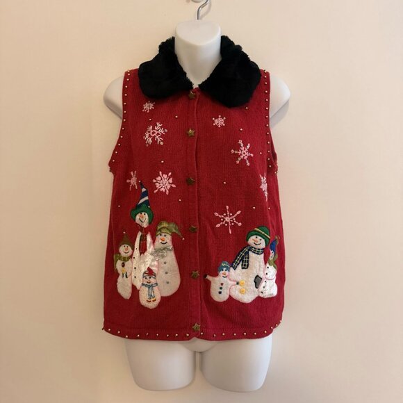 VINTAGE Red Snowman Christmas Sweater Vest | PL | Faux Fur Collar - Picture 3 of 13